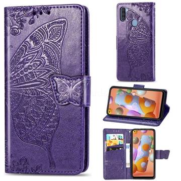 Embossing Mandala Flower Butterfly Leather Wallet Case for Samsung Galaxy A11 - Dark Purple