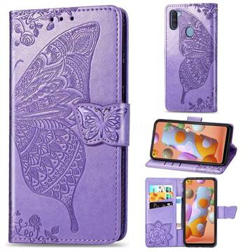 Embossing Mandala Flower Butterfly Leather Wallet Case for Samsung Galaxy A11 - Light Purple