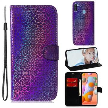 Laser Circle Shining Leather Wallet Phone Case for Samsung Galaxy A11 - Purple