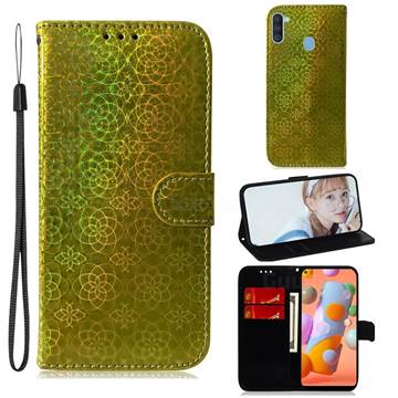 Laser Circle Shining Leather Wallet Phone Case for Samsung Galaxy A11 - Golden