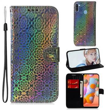 Laser Circle Shining Leather Wallet Phone Case for Samsung Galaxy A11 - Silver