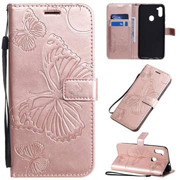 Embossing 3D Butterfly Leather Wallet Case for Samsung Galaxy A11 - Rose Gold