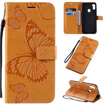 Embossing 3D Butterfly Leather Wallet Case for Samsung Galaxy A11 - Yellow