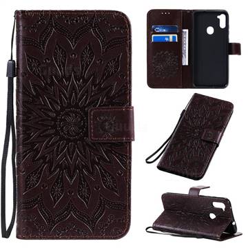 Embossing Sunflower Leather Wallet Case for Samsung Galaxy A11 - Brown