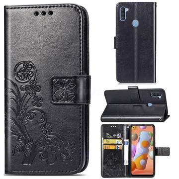 Embossing Imprint Four-Leaf Clover Leather Wallet Case for Samsung Galaxy A11 - Black