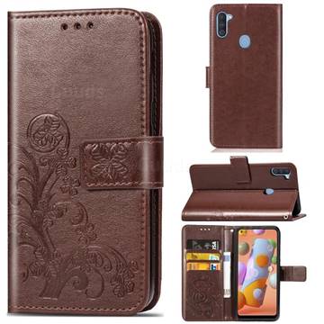 Embossing Imprint Four-Leaf Clover Leather Wallet Case for Samsung Galaxy A11 - Brown