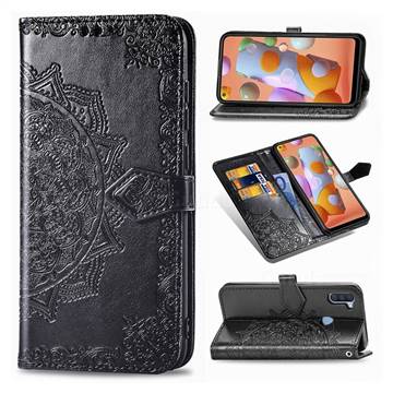 Embossing Imprint Mandala Flower Leather Wallet Case for Samsung Galaxy A11 - Black