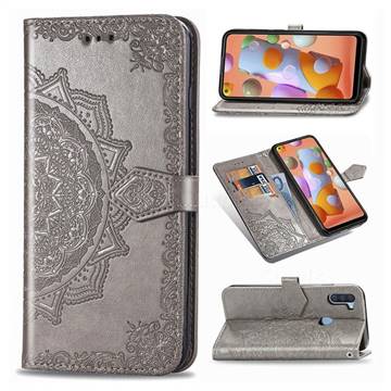 Embossing Imprint Mandala Flower Leather Wallet Case for Samsung Galaxy A11 - Gray