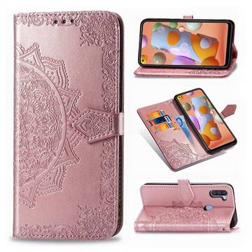 Embossing Imprint Mandala Flower Leather Wallet Case for Samsung Galaxy A11 - Rose Gold