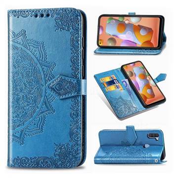 Embossing Imprint Mandala Flower Leather Wallet Case for Samsung Galaxy A11 - Blue