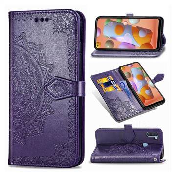 Embossing Imprint Mandala Flower Leather Wallet Case for Samsung Galaxy A11 - Purple