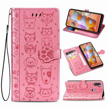 Embossing Dog Paw Kitten and Puppy Leather Wallet Case for Samsung Galaxy A11 - Pink