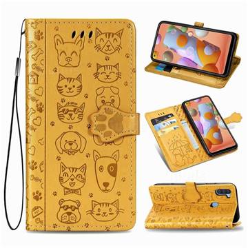 Embossing Dog Paw Kitten and Puppy Leather Wallet Case for Samsung Galaxy A11 - Yellow