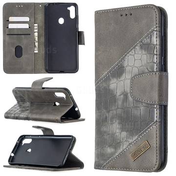BinfenColor BF04 Color Block Stitching Crocodile Leather Case Cover for Samsung Galaxy A11 - Gray