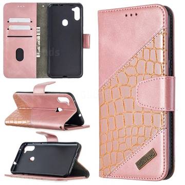 BinfenColor BF04 Color Block Stitching Crocodile Leather Case Cover for Samsung Galaxy A11 - Rose Gold