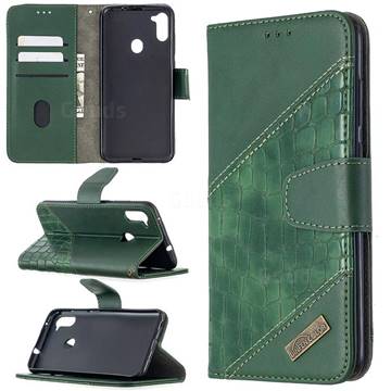 BinfenColor BF04 Color Block Stitching Crocodile Leather Case Cover for Samsung Galaxy A11 - Green