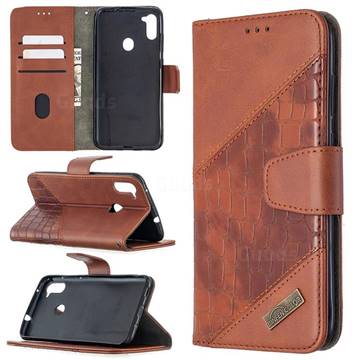 BinfenColor BF04 Color Block Stitching Crocodile Leather Case Cover for Samsung Galaxy A11 - Brown