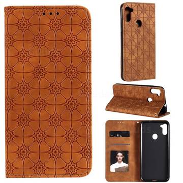 Intricate Embossing Four Leaf Clover Leather Wallet Case for Samsung Galaxy A11 - Yellowish Brown