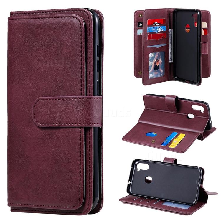 Multi-function Ten Card Slots and Photo Frame PU Leather Wallet Phone Case Cover for Samsung Galaxy A11 - Claret
