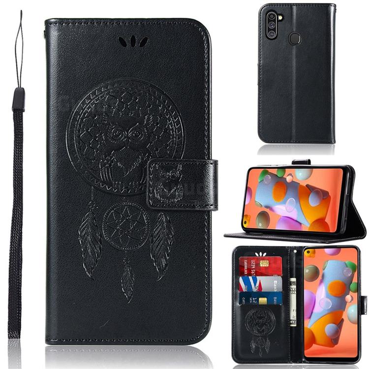 Intricate Embossing Owl Campanula Leather Wallet Case for Samsung Galaxy A11 - Black