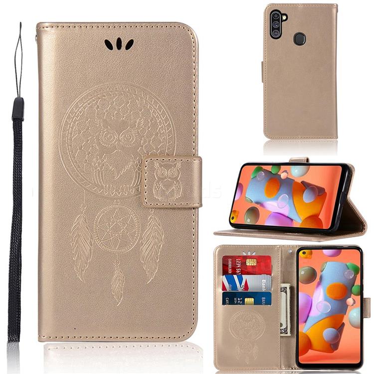 Intricate Embossing Owl Campanula Leather Wallet Case for Samsung Galaxy A11 - Champagne