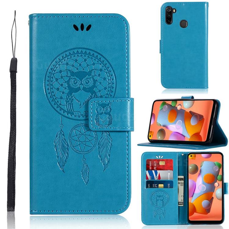 Intricate Embossing Owl Campanula Leather Wallet Case for Samsung Galaxy A11 - Blue
