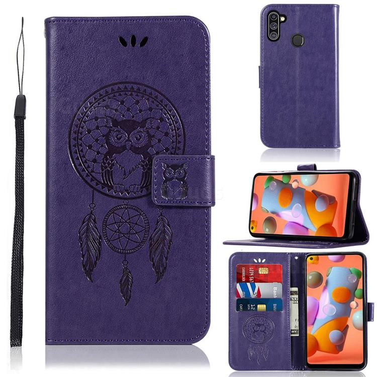 Intricate Embossing Owl Campanula Leather Wallet Case for Samsung Galaxy A11 - Purple
