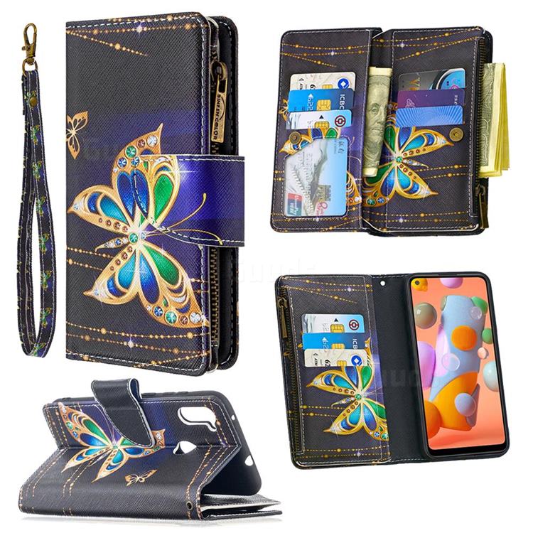 Golden Shining Butterfly Binfen Color BF03 Retro Zipper Leather Wallet Phone Case for Samsung Galaxy A11