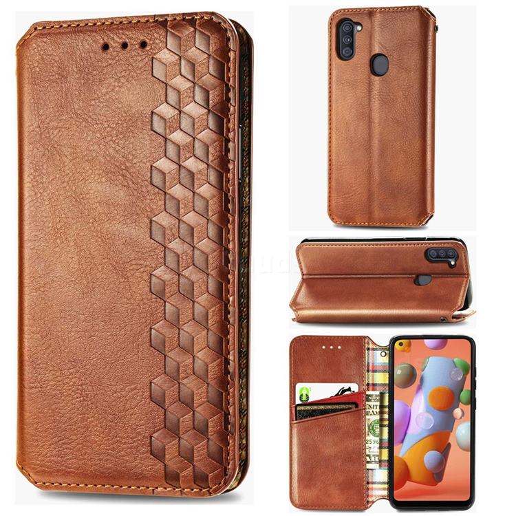 Ultra Slim Fashion Business Card Magnetic Automatic Suction Leather Flip Cover for Samsung Galaxy A11 - Brown