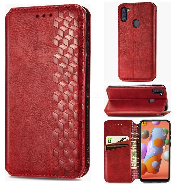 Ultra Slim Fashion Business Card Magnetic Automatic Suction Leather Flip Cover for Samsung Galaxy A11 - Red