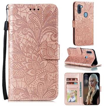 Intricate Embossing Lace Jasmine Flower Leather Wallet Case for Samsung Galaxy A11 - Rose Gold