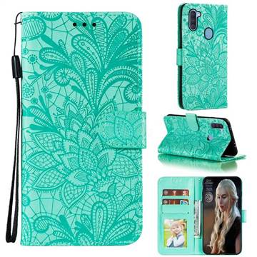 Intricate Embossing Lace Jasmine Flower Leather Wallet Case for Samsung Galaxy A11 - Green