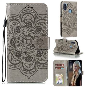 Intricate Embossing Datura Solar Leather Wallet Case for Samsung Galaxy A11 - Gray