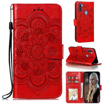 Intricate Embossing Datura Solar Leather Wallet Case for Samsung Galaxy A11 - Red