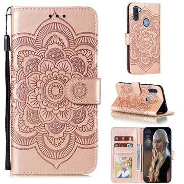 Intricate Embossing Datura Solar Leather Wallet Case for Samsung Galaxy A11 - Rose Gold
