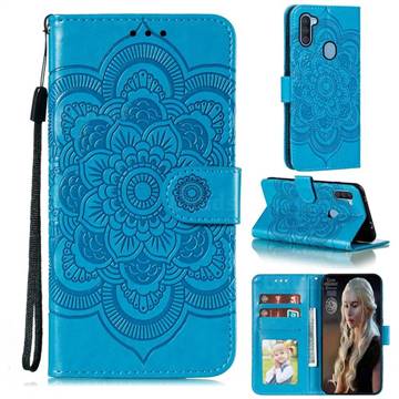 Intricate Embossing Datura Solar Leather Wallet Case for Samsung Galaxy A11 - Blue
