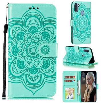 Intricate Embossing Datura Solar Leather Wallet Case for Samsung Galaxy A11 - Green