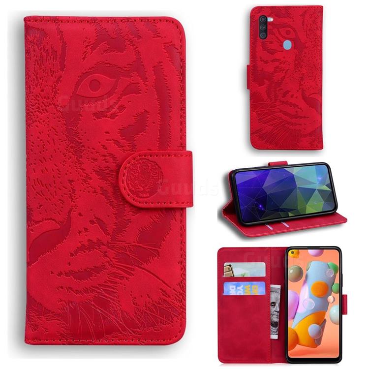 Intricate Embossing Tiger Face Leather Wallet Case for Samsung Galaxy A11 - Red