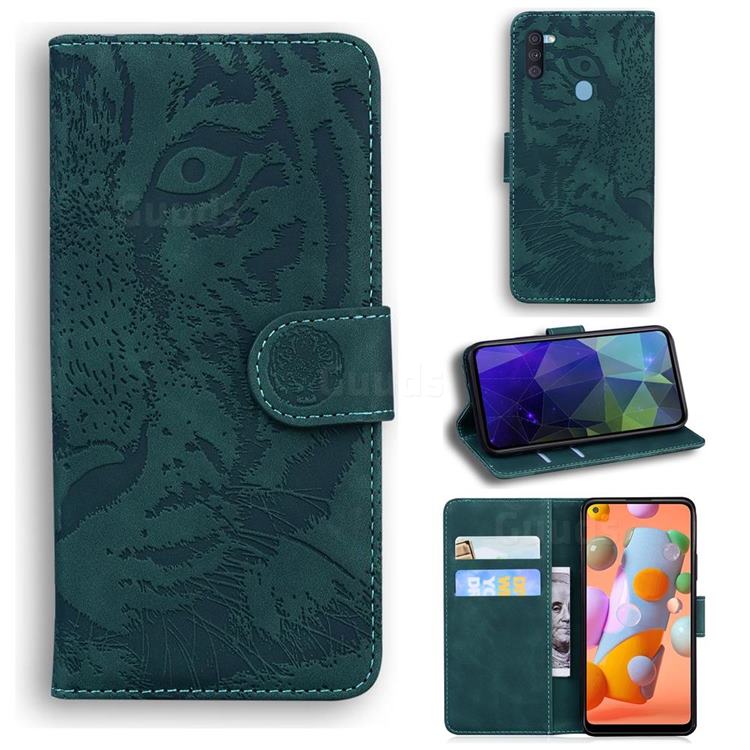 Intricate Embossing Tiger Face Leather Wallet Case for Samsung Galaxy A11 - Green