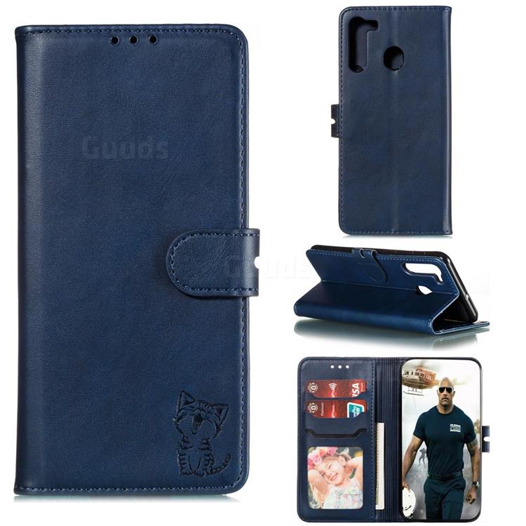 Embossing Happy Cat Leather Wallet Case for Samsung Galaxy A11 - Blue