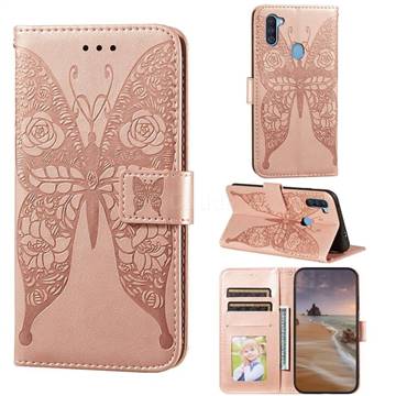 Intricate Embossing Rose Flower Butterfly Leather Wallet Case for Samsung Galaxy A11 - Rose Gold