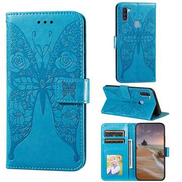 Intricate Embossing Rose Flower Butterfly Leather Wallet Case for Samsung Galaxy A11 - Blue
