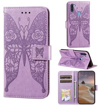 Intricate Embossing Rose Flower Butterfly Leather Wallet Case for Samsung Galaxy A11 - Purple