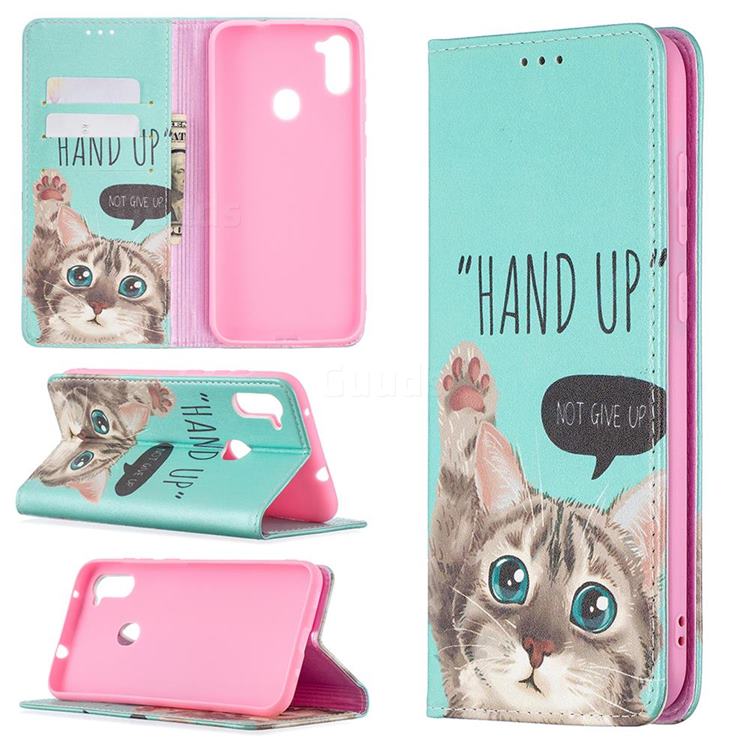 Hand Up Cat Slim Magnetic Attraction Wallet Flip Cover for Samsung Galaxy A11