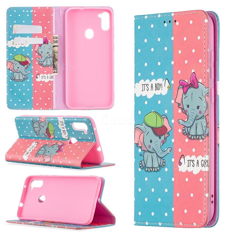 Elephant Boy and Girl Slim Magnetic Attraction Wallet Flip Cover for Samsung Galaxy A11