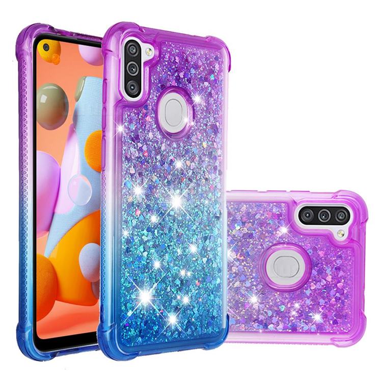 Rainbow Gradient Liquid Glitter Quicksand Sequins Phone Case for Samsung Galaxy A11 - Purple Blue