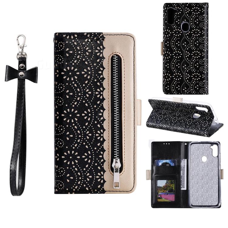 Luxury Lace Zipper Stitching Leather Phone Wallet Case for Samsung Galaxy A11 - Black