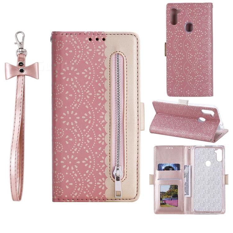 Luxury Lace Zipper Stitching Leather Phone Wallet Case for Samsung Galaxy A11 - Pink