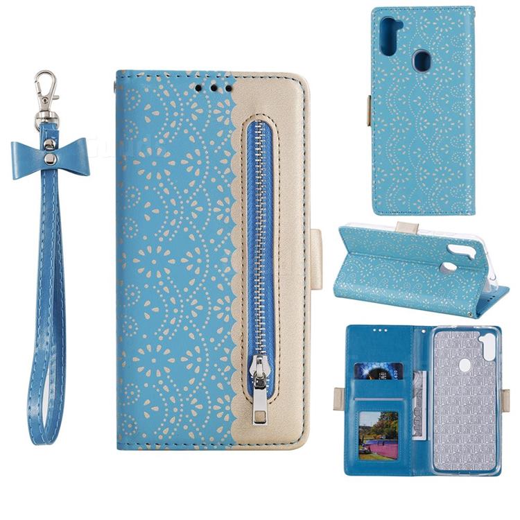 Luxury Lace Zipper Stitching Leather Phone Wallet Case for Samsung Galaxy A11 - Blue