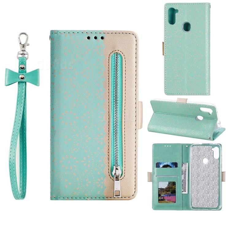 Luxury Lace Zipper Stitching Leather Phone Wallet Case for Samsung Galaxy A11 - Green